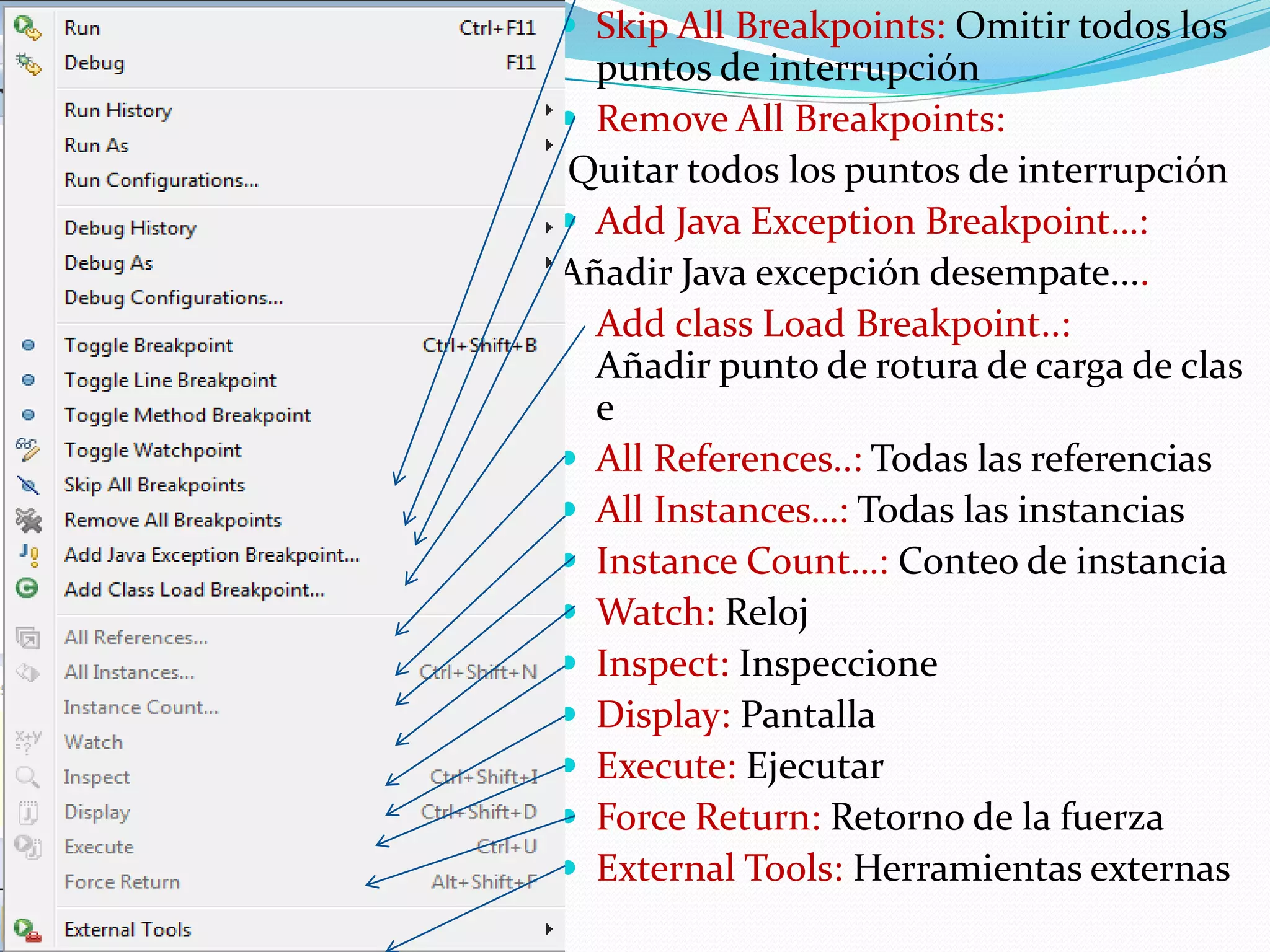  Skip All Breakpoints: Omitir todos los
puntos de interrupción
 Remove All Breakpoints:
Quitar todos los puntos de interrupción
 Add Java Exception Breakpoint…:
Añadir Java excepción desempate....
Add class Load Breakpoint..:
Añadir punto de rotura de carga de clas
e
 All References..: Todas las referencias
 All Instances…: Todas las instancias
 Instance Count…: Conteo de instancia
 Watch: Reloj
 Inspect: Inspeccione
 Display: Pantalla
 Execute: Ejecutar
 Force Return: Retorno de la fuerza
 External Tools: Herramientas externas
 