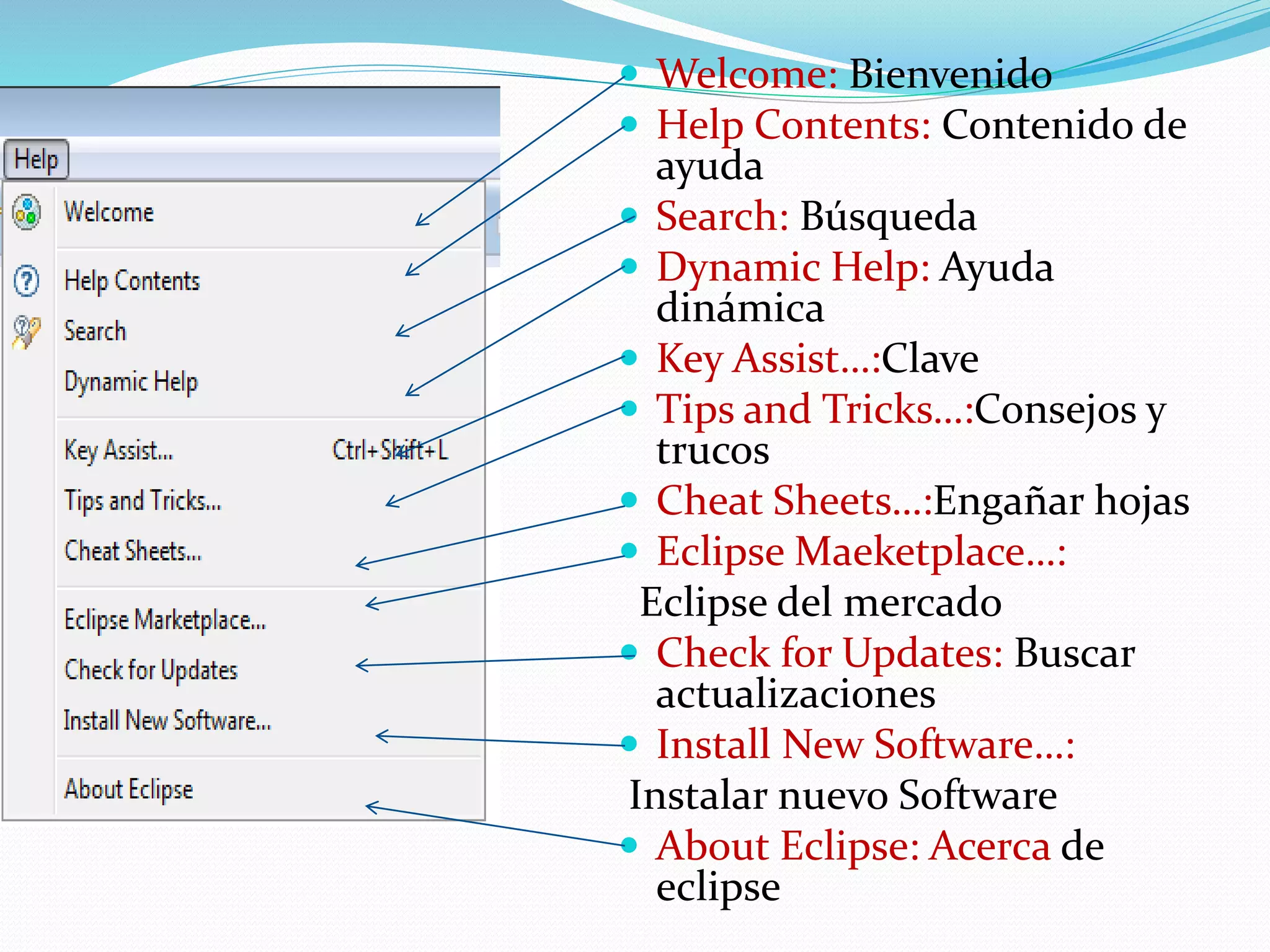  Welcome: Bienvenido
 Help Contents: Contenido de
ayuda
 Search: Búsqueda
 Dynamic Help: Ayuda
dinámica
 Key Assist…:Clave
 Tips and Tricks…:Consejos y
trucos
 Cheat Sheets…:Engañar hojas
 Eclipse Maeketplace…:
Eclipse del mercado
 Check for Updates: Buscar
actualizaciones
 Install New Software…:
Instalar nuevo Software
 About Eclipse: Acerca de
eclipse
 