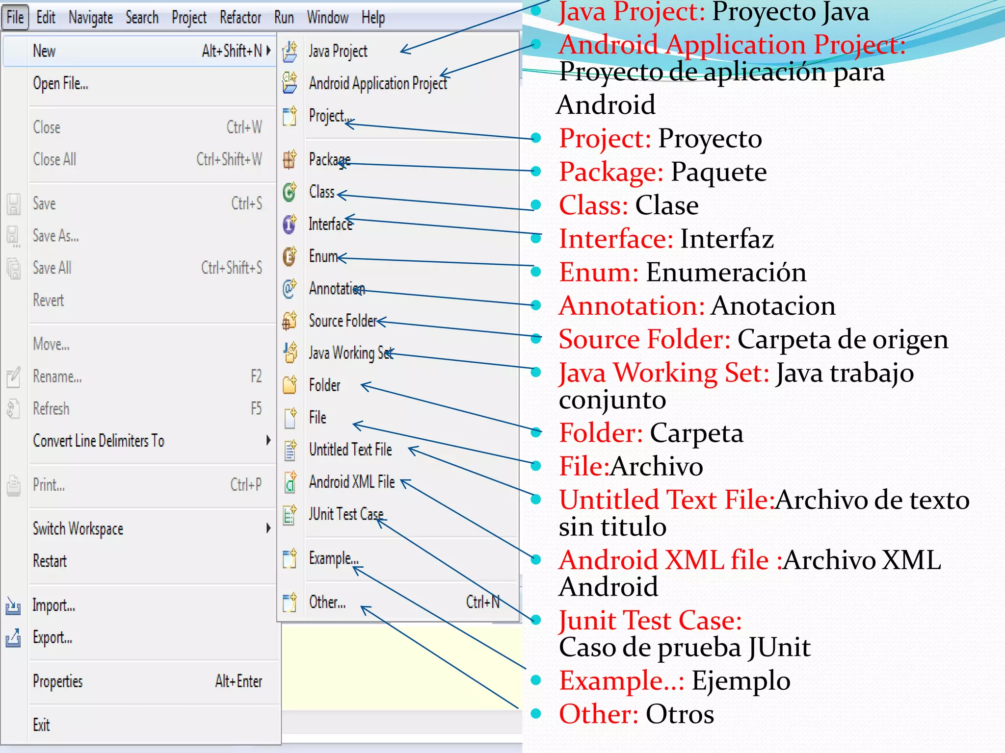  Java Project: Proyecto Java
 Android Application Project:
Proyecto de aplicación para
Android
 Project: Proyecto
 Package: Paquete
 Class: Clase
 Interface: Interfaz
 Enum: Enumeración
 Annotation: Anotacion
 Source Folder: Carpeta de origen
 Java Working Set: Java trabajo
conjunto
 Folder: Carpeta
 File:Archivo
 Untitled Text File:Archivo de texto
sin titulo
 Android XML file :Archivo XML
Android
 Junit Test Case:
Caso de prueba JUnit
 Example..: Ejemplo
 Other: Otros
 