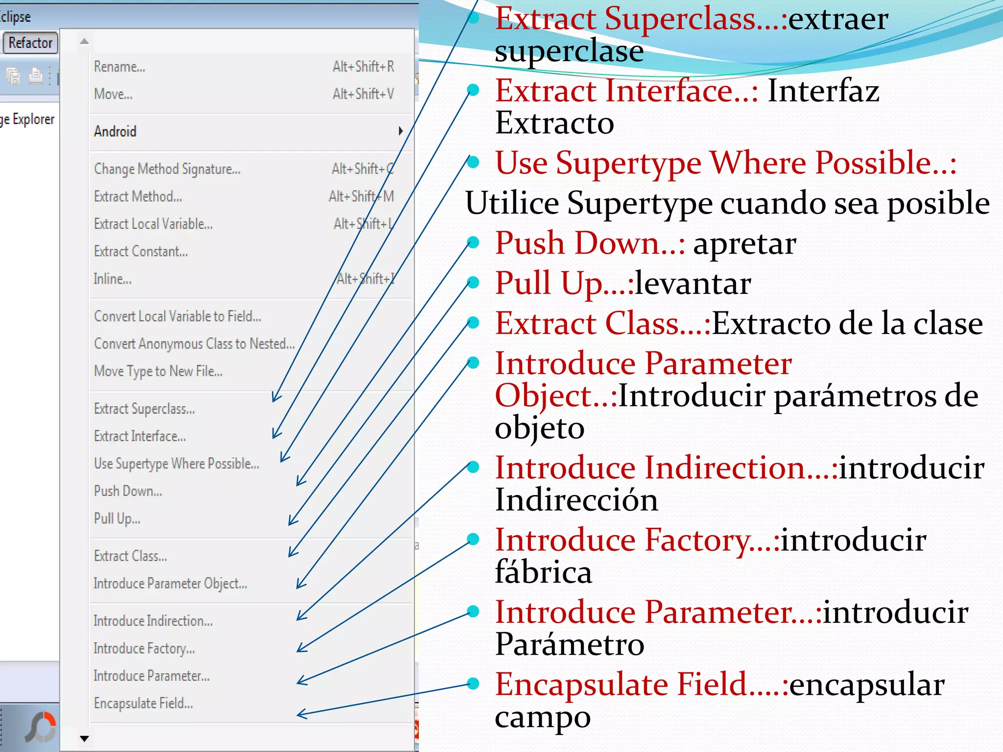 Extract Superclass…:extraer
superclase
 Extract Interface..: Interfaz
Extracto
 Use Supertype Where Possible..:
Utilice Supertype cuando sea posible
 Push Down..: apretar
 Pull Up…:levantar
 Extract Class…:Extracto de la clase
 Introduce Parameter
Object..:Introducir parámetros de
objeto
 Introduce Indirection…:introducir
Indirección
 Introduce Factory…:introducir
fábrica
 Introduce Parameter…:introducir
Parámetro
 Encapsulate Field….:encapsular
campo
 