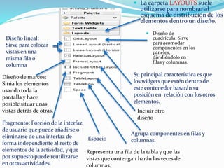  Diseño de
cuadrícula: Sirve
para acomodar
componentes en los
paneles,
dividiéndolo en
filas y columnas.
 La carpeta LAYOUTS suele
utilizarse para nombrar al
esquema de distribución de los
elementos dentro un diseño.
Su principal característica es que
los widgets que estén dentro de
este contenedor basarán su
posición en relación con los otros
elementos.
Diseño lineal:
Sirve para colocar
vistas en una
misma fila o
columna
Diseño de marcos:
Sitúa los elementos
usando toda la
pantalla y hace
posible situar unas
vistas detrás de otras. Incluir otro
diseño
Fragmento: Porción de la interfaz
de usuario que puede añadirse o
eliminarse de una interfaz de
forma independiente al resto de
elementos de la actividad, y que
por supuesto puede reutilizarse
en otras actividades.
Espacio
Representa una fila de la tabla y que las
vistas que contengan harán las veces de
columnas.
Agrupa componentes en filas y
columnas.
 