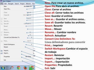 New: Para crear un nuevo archivo.
Open file:Para abrir el archivo.
Close: Cerrar el archivo
Close all: Cerrar todos los archivos
Save: Guardar el archivo
Save as..: Guardar el archivo como..
Save all: Guardar todos los archivos.
Revert: Revertir
Move..: Mover
Rename..: Cambiar nombre
Refresh: Actualizar
Convert Line Delimiters To:
Línea delimitadores para convertir
Print..: Imprimir
Switch Workspace:Cambiar el espacio
de trabajo
Restart: Reiniciar
Import…: Importación
Export…: Exportación
Properties: Propiedades
Exit: Salir
 