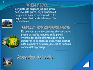 Conjunto de engranajes que giran
con una sola pieza, cuya función es
de guiar la fuerza de acuerdo a los
requerimientos de desplazamiento
del vehículo.


     Es una parte del mecanismo sincronizado,
     posee delgadas ranuras en la parte
     interna del anillo sincronizador para
     aumentar la presión de superficie cuando
     este elemento es empujado con la sección
     cónica del engranaje.



                                .
 