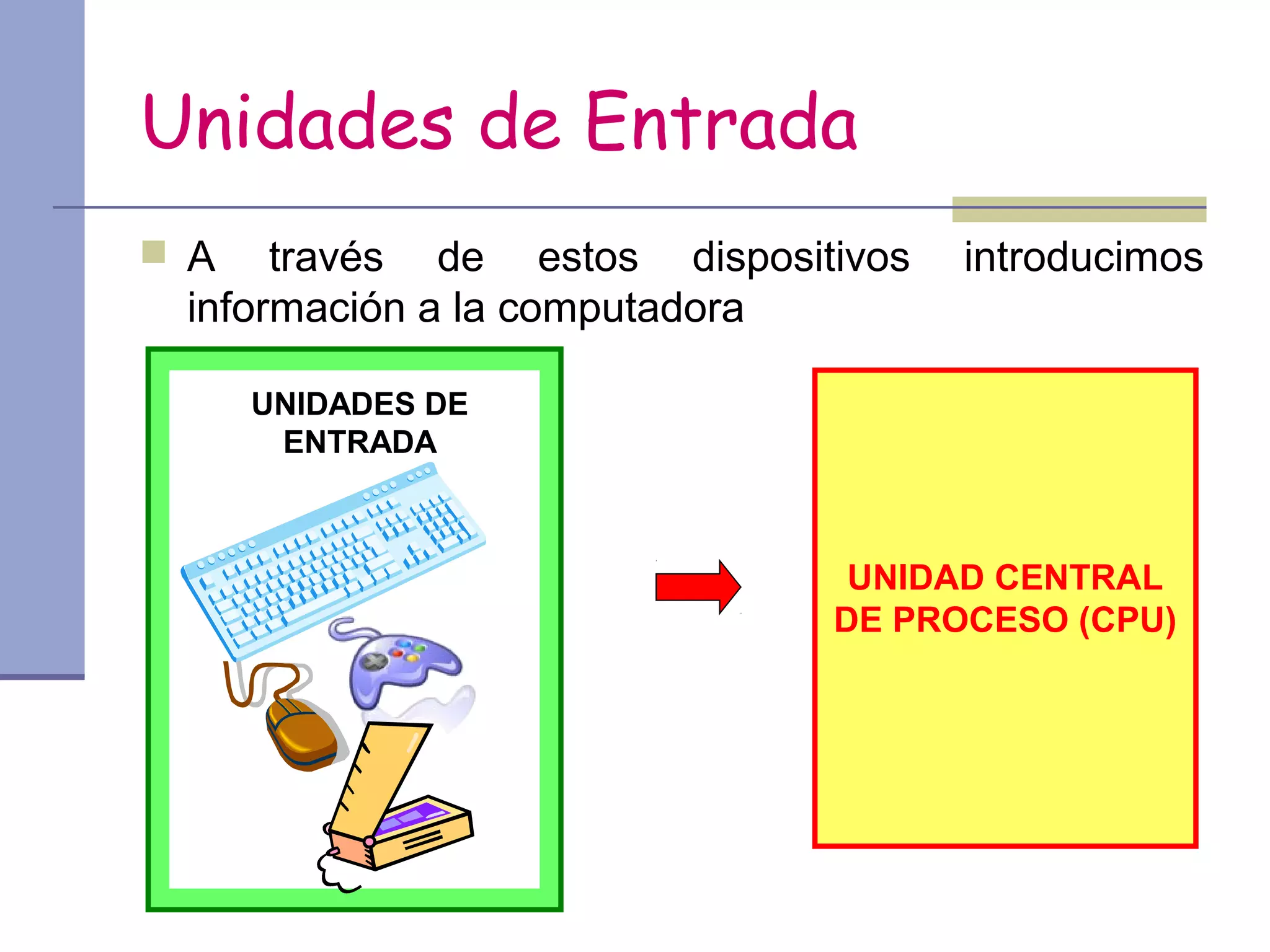 Unidades de Entrada
 A   través de estos dispositivos   introducimos
 información a la computadora

      UNIDADES DE
       ENTRADA



                               UNIDAD CENTRAL
                              DE PROCESO (CPU)
 