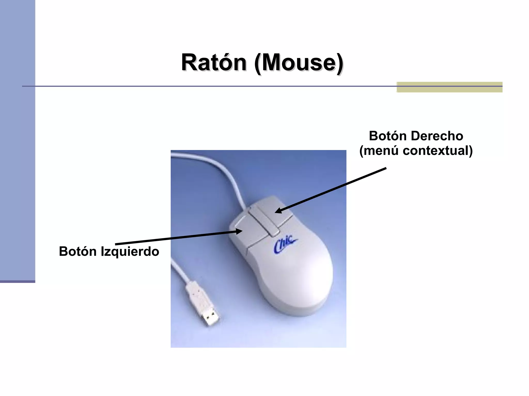Ratón (Mouse)

                                   Botón Derecho
                                  (menú contextual)




Botón Izquierdo
 