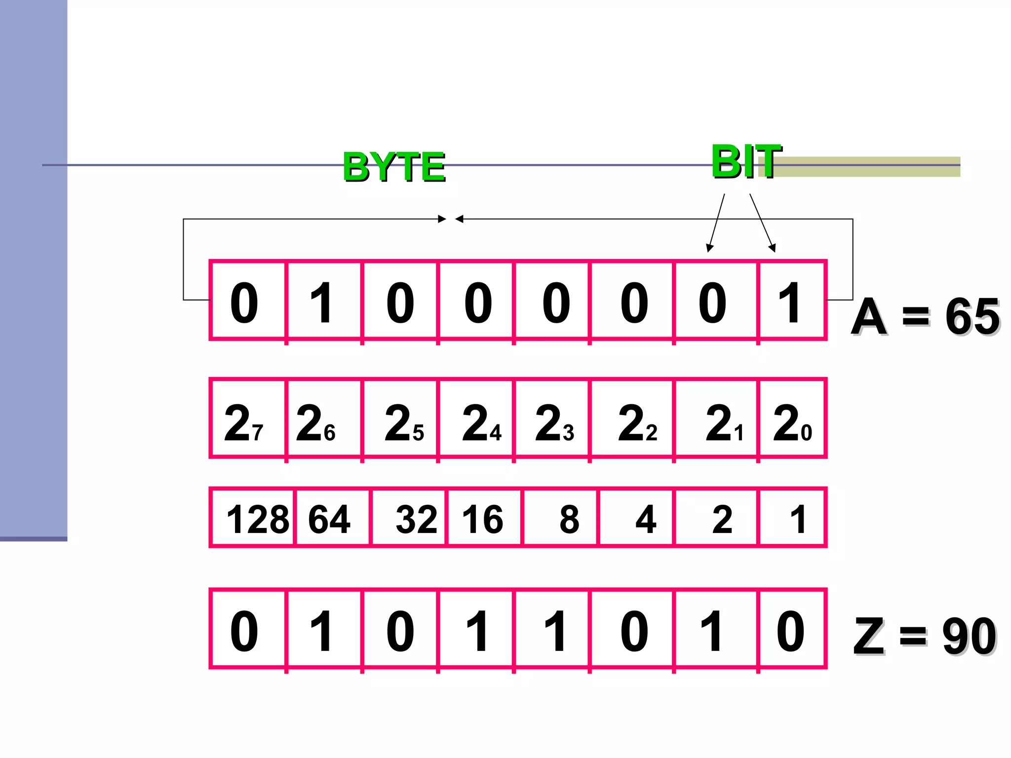 BYTE                BIT


0 1 0 0 0 0 0 1 A = 65

27 26 25 24 23 22 21 20
128 64   32 16   8   4   2     1


0 1 0 1 1 0 1 0 Z = 90
 