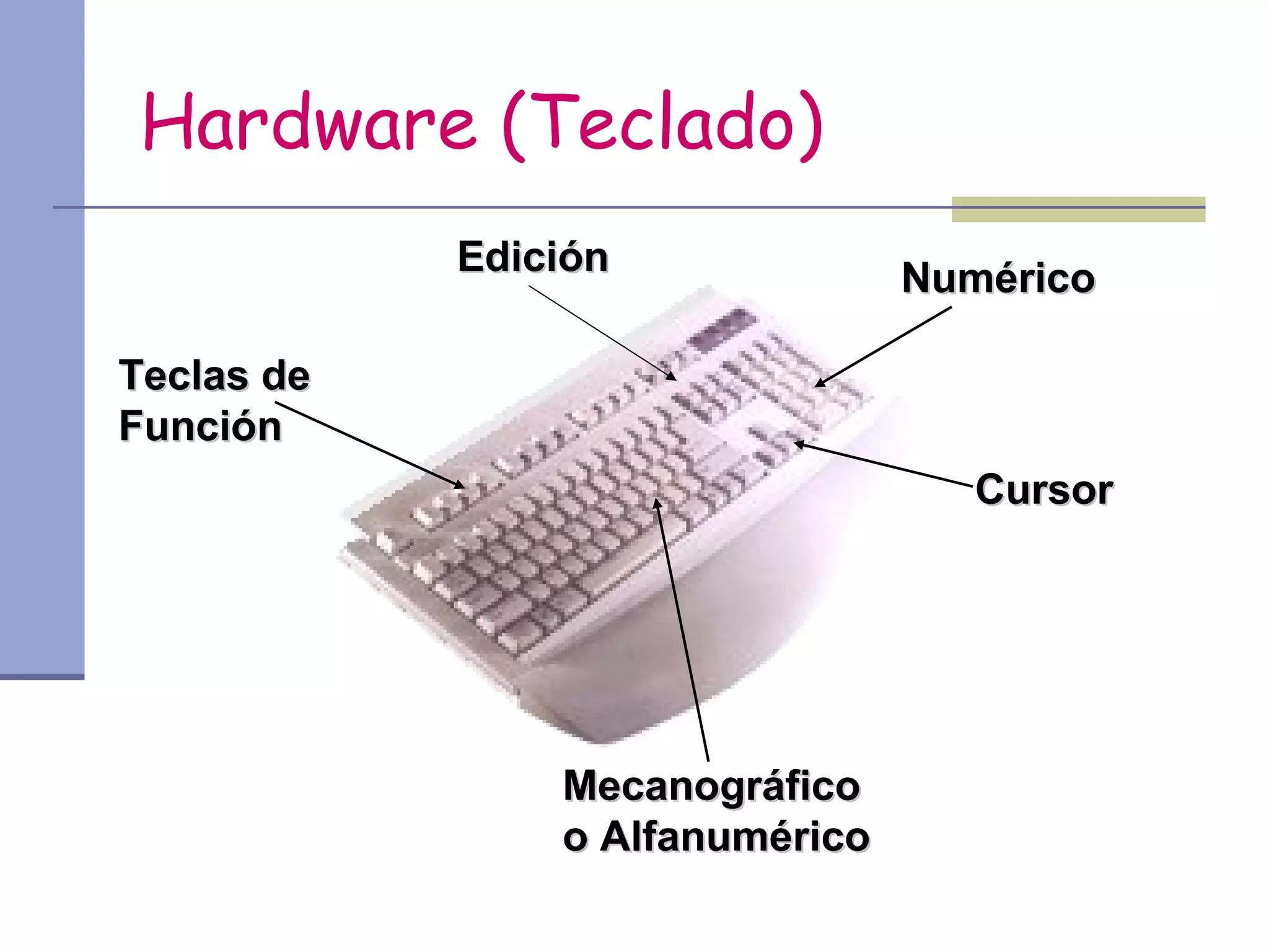 Hardware (Teclado)
            Edición              Numérico

Teclas de
Función
                                    Cursor




                Mecanográfico
                o Alfanumérico
 