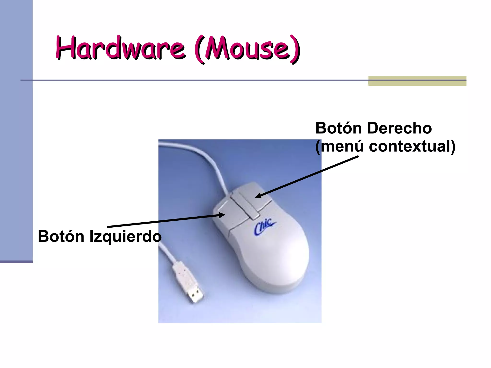 Hardware (Mouse)

                    Botón Derecho
                    (menú contextual)




Botón Izquierdo
 