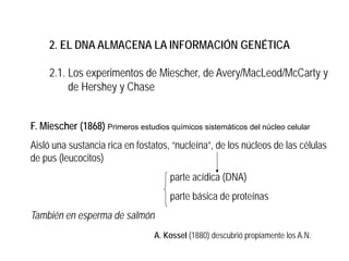 2. EL DNA ALMACENA LA INFORMACIÓN GENÉTICA
2.1. Los experimentos de Miescher, de Avery/MacLeod/McCarty y
de Hershey y Chase
F. Miescher (1868) Primeros estudios químicos sistemáticos del núcleo celular
Aisló una sustancia rica en fostatos, “nucleína”, de los núcleos de las células
de pus (leucocitos)
parte acídica (DNA)
parte básica de proteínas
También en esperma de salmón
A. Kossel (1880) descubrió propiamente los A.N.
 