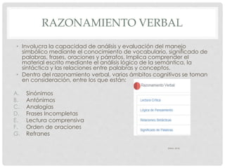 RAZONAMIENTO VERBAL 
• Involucra la capacidad de análisis y evaluación del manejo 
simbólico mediante el conocimiento de vocabulario, significado de 
palabras, frases, oraciones y párrafos. Implica comprender el 
material escrito mediante el análisis lógico de la semántica, la 
sintáctica y las relaciones entre palabras y conceptos. 
• Dentro del razonamiento verbal, varios ámbitos cognitivos se toman 
en consideración, entre los que están: 
A. Sinónimos 
B. Antónimos 
C. Analogías 
D. Frases Incompletas 
E. Lectura comprensiva 
F. Orden de oraciones 
G. Refranes 
(SNNA, 2014) 
 