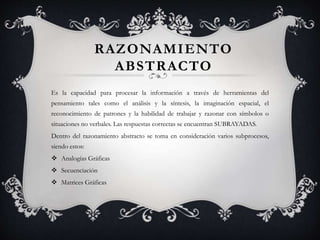 RAZONAMIENTO 
ABSTRACTO 
Es la capacidad para procesar la información a través de herramientas del 
pensamiento tales como el análisis y la síntesis, la imaginación espacial, el 
reconocimiento de patrones y la habilidad de trabajar y razonar con símbolos o 
situaciones no verbales. Las respuestas correctas se encuentran SUBRAYADAS. 
Dentro del razonamiento abstracto se toma en consideración varios subprocesos, 
siendo estos: 
 Analogías Gráficas 
 Secuenciación 
 Matrices Gráficas 
 