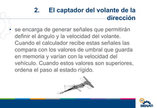 2. El captador del volante de la
dirección
• se encarga de generar señales que permitirán
definir el ángulo y la velocidad del volante.
Cuando el calculador recibe estas señales las
compara con los valores de umbral que guarda
en memoria y varían con la velocidad del
vehículo. Cuando estos valores son superiores,
ordena el paso al estado rígido.
 