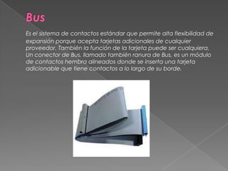 BusEs el sistema de contactos estándar que permite alta flexibilidad de expansión porque acepta tarjetas adicionales de cualquier proveedor. También la función de la tarjeta puede ser cualquiera. Un conector de Bus, llamado también ranura de Bus, es un módulo de contactos hembra alineados donde se inserta una tarjeta adicionable que tiene contactos a lo largo de su borde. 