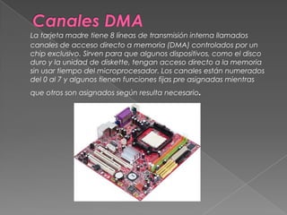 Canales DMALa tarjeta madre tiene 8 líneas de transmisión interna llamados canales de acceso directo a memoria (DMA) controlados por un chip exclusivo. Sirven para que algunos dispositivos, como el disco duro y la unidad de diskette, tengan acceso directo a la memoria sin usar tiempo del microprocesador. Los canales están numerados del 0 al 7 y algunos tienen funciones fijas pre asignadas mientras que otros son asignados según resulta necesario. 