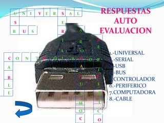 U       N       I       V   E   R   S   A   L               RESPUESTAS
    S                                   E                          AUTO
    B       U           S               R           A           EVALUACION
                                        I       R           P
                                                            E
                                        A           O
                                                                 1.-UNIVERSAL
C       O       N           T   R   O   L   A       D   O   R    2.-SERIAL
A                                                   A            3.-USB
                                                            I
                                                                 4.-BUS
B                                               T           F
                                                                 5.CONTROLADOR
                                                    U       E
L                                                                6.-PERIFERICO
E                                                   P       R    7.COMPUTADORA
                                                                 8.-CABLE
                                                M           I

                                                O           C
                                                    C       O
 