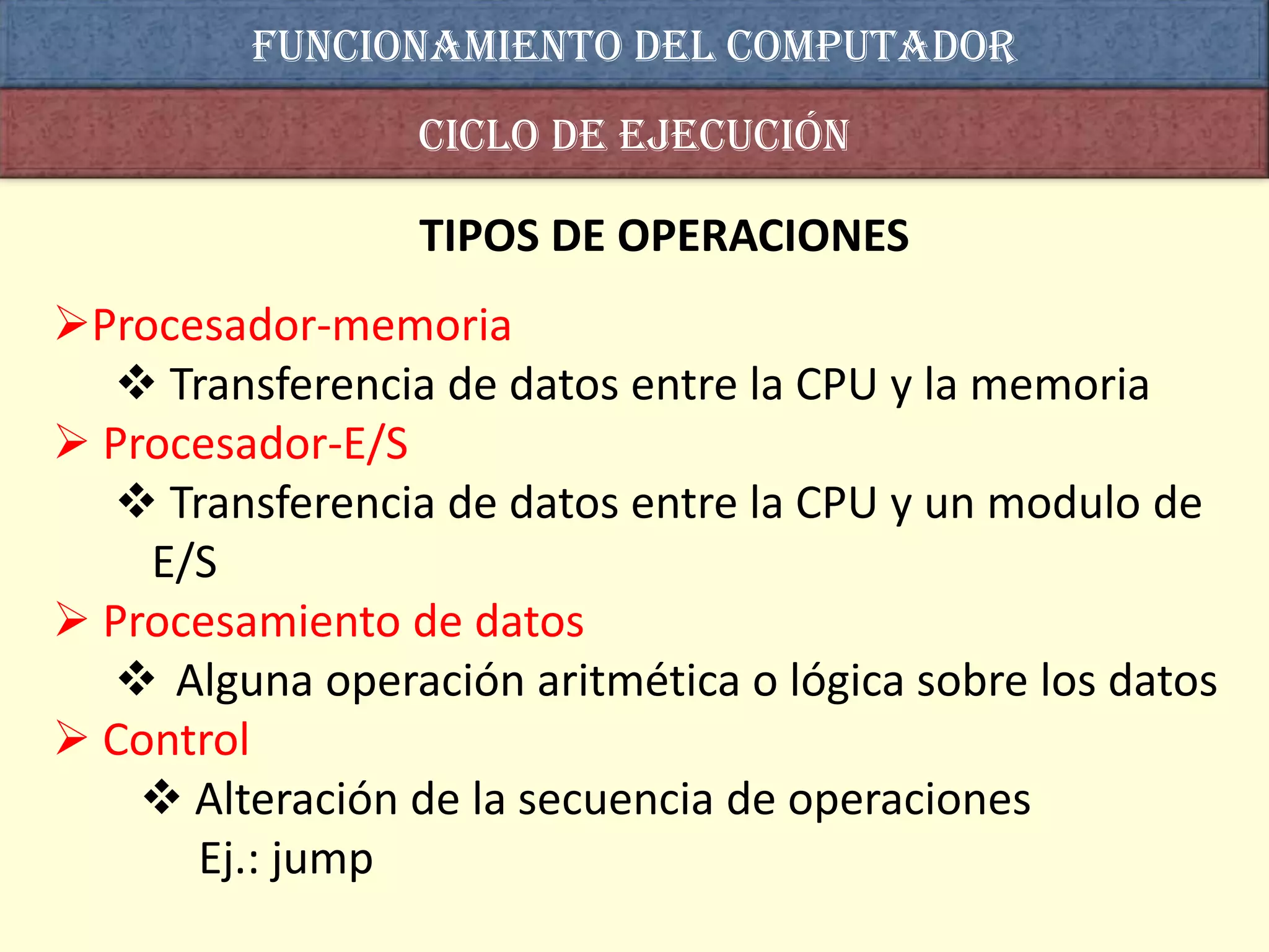 Funcionamiento del computador
                 Ciclo de ejecución

                 TIPOS DE OPERACIONES
Procesador-memoria
   Transferencia de datos entre la CPU y la memoria
 Procesador-E/S
   Transferencia de datos entre la CPU y un modulo de
    E/S
 Procesamiento de datos
   Alguna operación aritmética o lógica sobre los datos
 Control
     Alteración de la secuencia de operaciones
      Ej.: jump
 