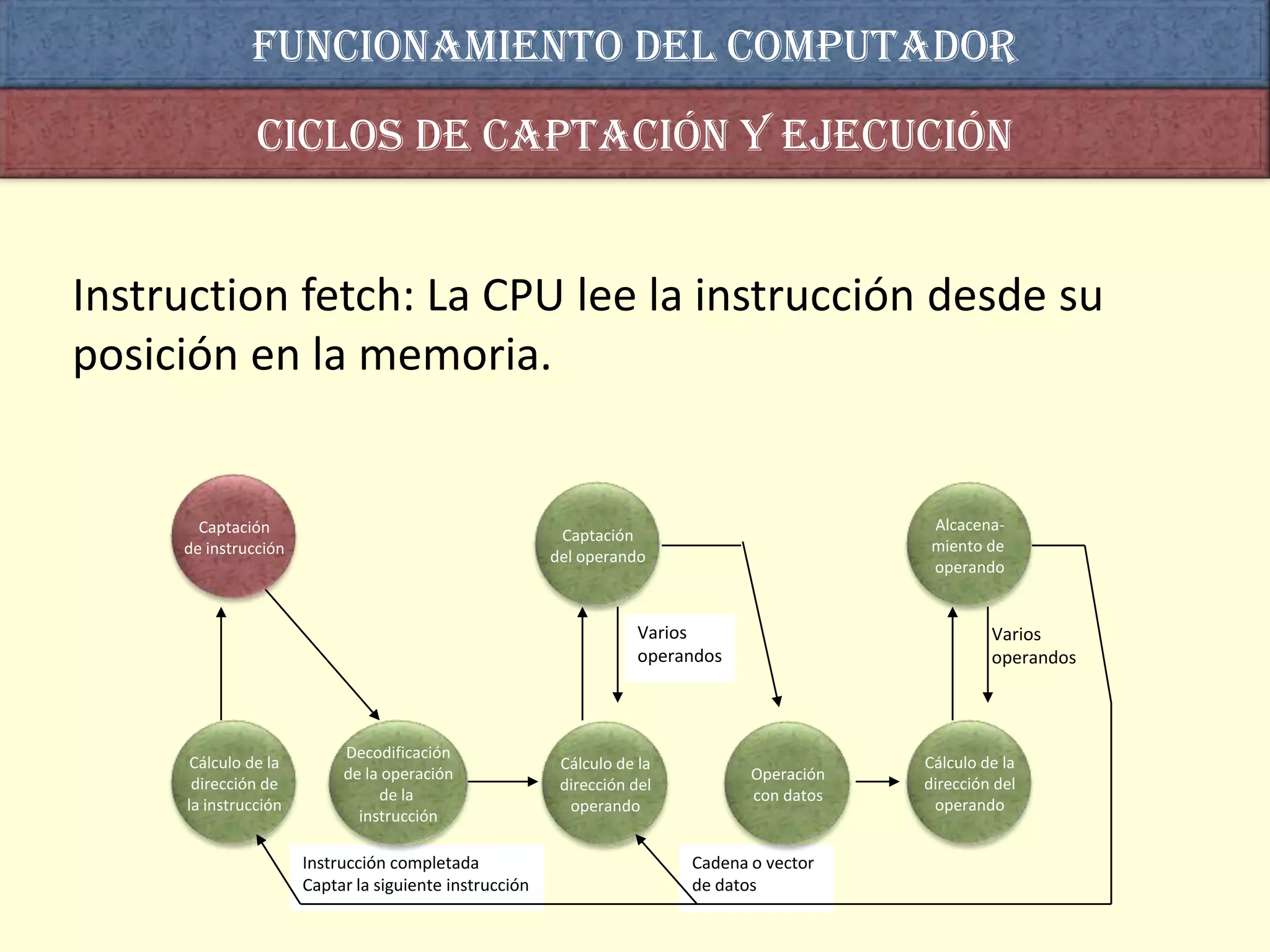 Funcionamiento del computador
               Ciclos de captación y ejecución


Instruction fetch: La CPU lee la instrucción desde su
posición en la memoria.


       Captación                                                                             Alcacena-
                                                         Captación
     de instrucción                                                                          miento de
                                                        del operando
                                                                                             operando


                                                                    Varios                           Varios
                                                                    operandos                        operandos



                           Decodificación
      Cálculo de la                                      Cálculo de la                      Cálculo de la
                           de la operación                                      Operación
      dirección de                                       dirección del                      dirección del
                                de la                                           con datos
     la instrucción                                       operando                           operando
                             instrucción

                      Instrucción completada                             Cadena o vector
                      Captar la siguiente instrucción                    de datos
 