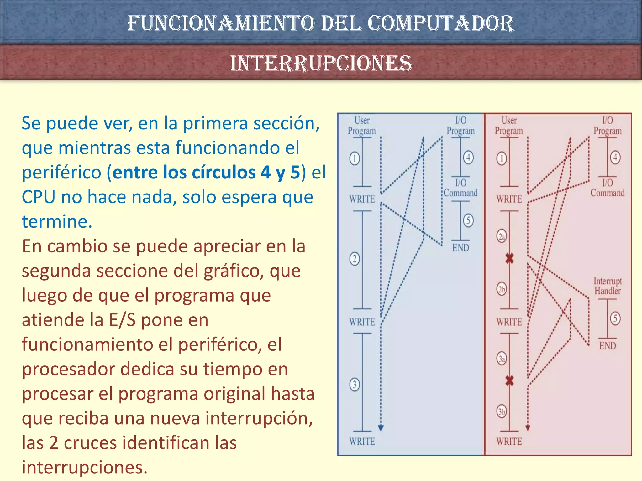 Funcionamiento del computador
                           interrupciones

Se puede ver, en la primera sección,
que mientras esta funcionando el
periférico (entre los círculos 4 y 5) el
CPU no hace nada, solo espera que
termine.
En cambio se puede apreciar en la
segunda seccione del gráfico, que
luego de que el programa que
atiende la E/S pone en
funcionamiento el periférico, el
procesador dedica su tiempo en
procesar el programa original hasta
que reciba una nueva interrupción,
las 2 cruces identifican las
interrupciones.
 