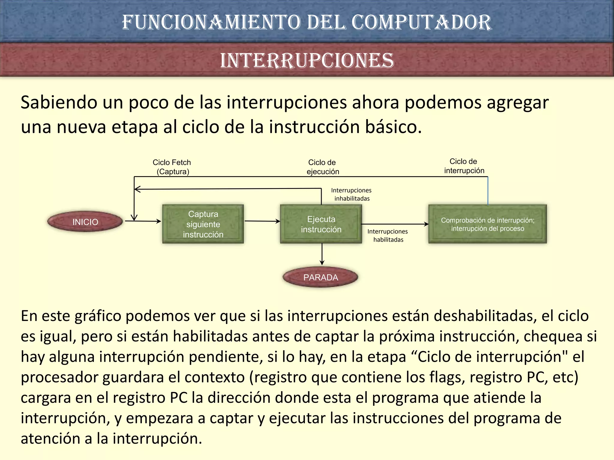 Funcionamiento del computador
                                    interrupciones
Sabiendo un poco de las interrupciones ahora podemos agregar
una nueva etapa al ciclo de la instrucción básico.
                   Ciclo Fetch             Ciclo de                              Ciclo de
                    (Captura)              ejecución                           interrupción

                                                  Interrupciones
                                                   inhabilitadas

                             Captura
       INICIO                               Ejecuta                            Comprobación de interrupción;
                            siguiente                                            interrupción del proceso
                                          instrucción         Interrupciones
                           instrucción
                                                                habilitadas




                                          PARADA



En este gráfico podemos ver que si las interrupciones están deshabilitadas, el ciclo
es igual, pero si están habilitadas antes de captar la próxima instrucción, chequea si
hay alguna interrupción pendiente, si lo hay, en la etapa “Ciclo de interrupción" el
procesador guardara el contexto (registro que contiene los flags, registro PC, etc)
cargara en el registro PC la dirección donde esta el programa que atiende la
interrupción, y empezara a captar y ejecutar las instrucciones del programa de
atención a la interrupción.
 