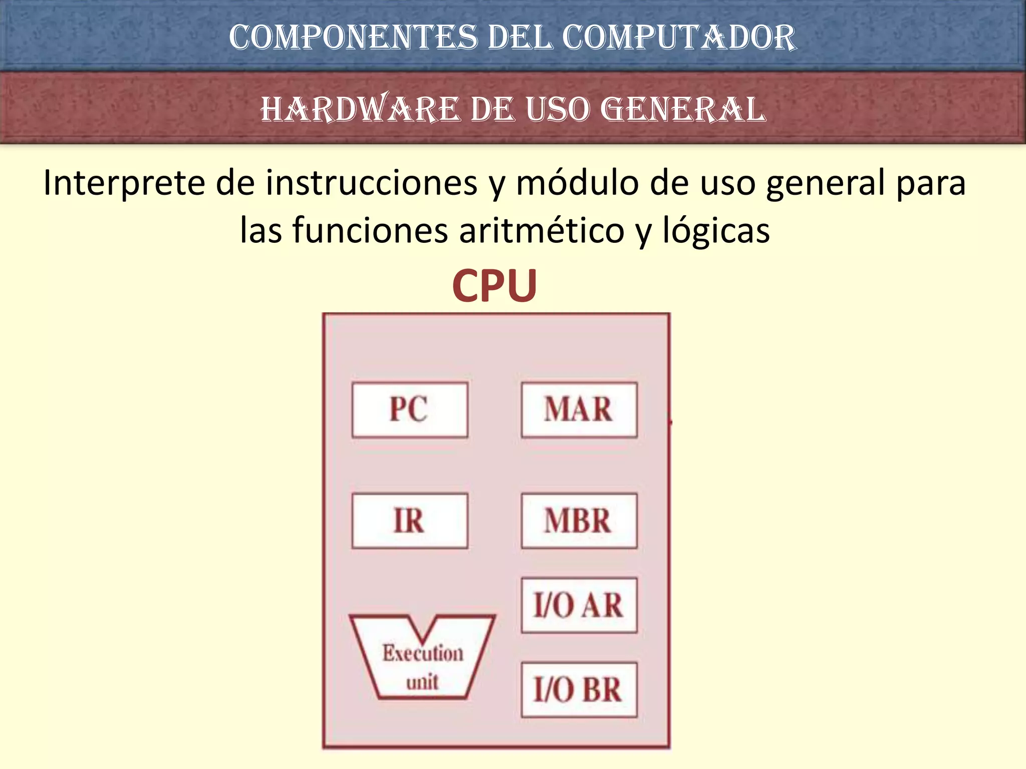 COMPONENTES DEL computador
             Hardware de uso general
Interprete de instrucciones y módulo de uso general para
            las funciones aritmético y lógicas
                        CPU
 