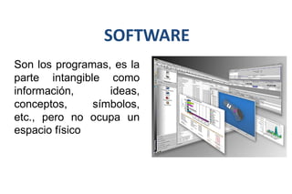 SOFTWARE
Son los programas, es la
parte intangible como
información, ideas,
conceptos, símbolos,
etc., pero no ocupa un
espacio físico
 