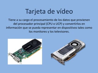 Tarjeta de vídeo
Tiene a su cargo el procesamiento de los datos que provienen
del procesador principal (CPU o UCP) y convertirlos en
información que se pueda representar en dispositivos tales como
los monitores y los televisores.
 