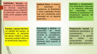 Habilidades técnicas: La
destreza y la habilidad en
las técnicas específicas
requeridas para un deporte
en particular, como lanzar,
nadar, correr, golpear, entre
otras.
Aptitud física: La fuerza,
la velocidad, la
resistencia, la flexibilidad
y otras cualidades físicas
que son necesarias para
sobresalir en un deporte
específico..
Estrategia y táctica: La
capacidad de tomar
decisiones inteligentes
durante la competición,
como la elección de
tácticas y estrategias
efectivas para superar al
oponente.
Nutrición y recuperación:
Una alimentación adecuada
y un descanso adecuado
son esenciales para
mantener el rendimiento y la
recuperación después del
ejercicio intenso.
Preparación mental: La
resistencia psicológica, la
concentración, la
motivación y la gestión
del estrés son
componentes cruciales
del rendimiento deportivo.
Equipo y apoyo técnico:
La calidad del equipo, el
entrenador, el personal
de apoyo médico y otros
recursos pueden influir en
el rendimiento deportivo.
 