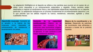 La adaptación biológica en el deporte se refiere a los cambios que ocurren en el cuerpo de un
atleta como respuesta a un entrenamiento sistemático y repetido. Estos cambios están
destinados a mejorar el rendimiento físico y las habilidades específicas requeridas en un deporte
particular. La adaptación biológica es un proceso fundamental en el entrenamiento deportivo y es
lo que permite que los atletas mejoren su fuerza, resistencia, velocidad, agilidad y otras
cualidades físicas.
Hipertrofia muscular: Aumento en
el tamaño y la fuerza de los
músculos como respuesta al
entrenamiento de resistencia o
levantamiento de pesas.
Aumento de la capacidad
cardiovascular: Mejora de la
capacidad del corazón y los
pulmones para suministrar oxígeno
y nutrientes a los músculos durante
el ejercicio, lo que conduce a una
mayor resistencia aeróbica.
Mejora de la coordinación y la
técnica: Desarrollo de patrones
de movimiento más eficientes y
precisos a través de la práctica
repetida.
 