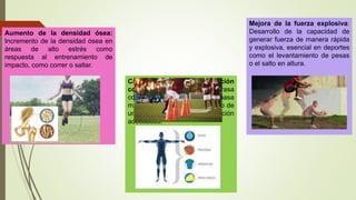 Aumento de la densidad ósea:
Incremento de la densidad ósea en
áreas de alto estrés como
respuesta al entrenamiento de
impacto, como correr o saltar.
Cambios en la composición
corporal: Reducción de la grasa
corporal y aumento de la masa
muscular magra como resultado de
un entrenamiento y una nutrición
adecuados.
Mejora de la fuerza explosiva:
Desarrollo de la capacidad de
generar fuerza de manera rápida
y explosiva, esencial en deportes
como el levantamiento de pesas
o el salto en altura.
 