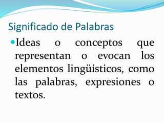 Significado de Palabras 
Ideas o conceptos que 
representan o evocan los 
elementos lingüísticos, como 
las palabras, expresiones o 
textos. 
 