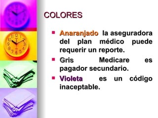 COLORES Anaranjado  la aseguradora del plan médico puede requerir un reporte. Gris Medicare es pagador secundario. Violeta es un código inaceptable. 