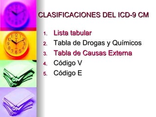 CLASIFICACIONES DEL ICD-9 CM Lista  tabular Tabla de Drogas y Químicos Tabla  de  Causas   Externa Código V Código E 