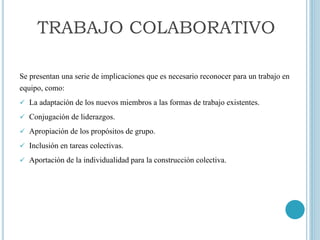 Se presentan una serie de implicaciones que es necesario reconocer para un trabajo en
equipo, como:
 La adaptación de los nuevos miembros a las formas de trabajo existentes.
 Conjugación de liderazgos.
 Apropiación de los propósitos de grupo.
 Inclusión en tareas colectivas.
 Aportación de la individualidad para la construcción colectiva.
TRABAJO COLABORATIVO
 