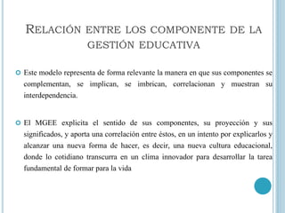  Este modelo representa de forma relevante la manera en que sus componentes se
complementan, se implican, se imbrican, correlacionan y muestran su
interdependencia.
 El MGEE explicita el sentido de sus componentes, su proyección y sus
significados, y aporta una correlación entre éstos, en un intento por explicarlos y
alcanzar una nueva forma de hacer, es decir, una nueva cultura educacional,
donde lo cotidiano transcurra en un clima innovador para desarrollar la tarea
fundamental de formar para la vida
RELACIÓN ENTRE LOS COMPONENTE DE LA
GESTIÓN EDUCATIVA
 