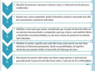 1.
• Desafiar los procesos: atreverse a innovar, crear y a intervenir en los procesos
establecidos.
2.
• Inspirar una visión compartida: donde el beneficio colectivo trascienda más allá
del conocimiento y potencial individual.
3.
• Habilitar a otros para que actúen: entendiendo que el poder de decisión debe ser
un ejercicio desconcentrado y compartido, para que «otros» sean también líderes
y desarrollen sus potencialidades; es una nueva forma de promover la relación
líder-liderados.
4.
• Modelar el camino: significa que cada líder tiene como una de sus más finas
funciones la liberación permanente, desde sus posibilidades, de aquellos
obstáculos que puedan inhibir el desarrollo del liderazgo de otros.
5.
• Dar aliento al corazón: debe haber una fuerte carga anímica y motivacional
generada desde la posición del líder hacia todos y cada uno de los colaboradores.
 