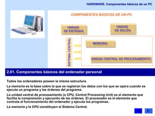Todos los ordenadores poseen la misma estructura.
La memoria es la base sobre la que se registran los datos con los que se opera cuando se
ejecuta un programa y las órdenes del programa.
La unidad central de procesamiento (o CPU, Central Processing Unit) es el elemento que
facilita la comprensión y ejecución de las órdenes. El procesador es el elemento que
controla el funcionamiento del ordenador y ejecuta los programas.
La memoria y la CPU constituyen el Sistema Central.
2.01. Componentes básicos del ordenador personal
COMPONENTES BÁSICOS DE UN PC
UNIDAD
DE ENTRADA
UNIDAD
DE ENTRADA
MEMORIA
MEMORIA
UNIDAD
DE SALIDA
UNIDAD
DE SALIDA
UNIDAD CENTRAL DE PROCESAMIENTO
UNIDAD CENTRAL DE PROCESAMIENTO
SISTEMACENTRAL
HARDWARE.HARDWARE. Componentes básicos de un PCComponentes básicos de un PC
 