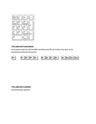 TECLADO DE FUNCIONES:
en la parte superior del teclado veremos una fila de teclas a las que se les
denomina teclas de funciones
TECLADO DE CURSOR:
presenta este aspecto:
 
