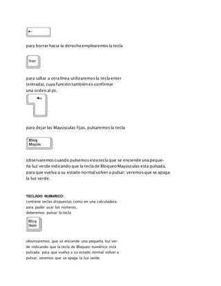 para borrar hacia la derecha emplearemos la tecla
para saltar a otra línea utilizaremos la tecla enter
(entrada), cuya función también es confirmar
una orden al pc.
para dejar las Mayúsculas fijas, pulsaremos la tecla
observaremos cuando pulsemos esta tecla que se enciende una peque-
ña luz verde indicando que la tecla de Bloqueo Mayúsculas esta pulsada.
para que vuelva a su estado normal volver a pulsar; veremos que se apaga
la luz verde.
TECLADO NUMéRICO:
contiene teclas dispuestas como en una calculadora.
para poder usar los números,
deberemos pulsar la tecla
observaremos que se enciende una pequeña luz ver-
de indicando que la tecla de Bloqueo numérico está
pulsada. para que vuelva a su estado normal volver a
pulsar, veremos que se apaga la luz verde.
 