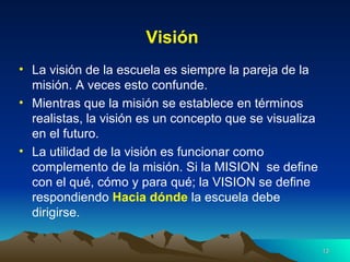 Visión La visión de la escuela es siempre la pareja de la misión. A veces esto confunde. Mientras que la misión se establece en términos realistas, la visión es un concepto que se visualiza en el futuro. La utilidad de la visión es funcionar como complemento de la misión. Si la MISION  se define con el qué, cómo y para qué; la VISION se define respondiendo  Hacia dónde   la escuela debe dirigirse. 