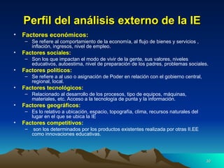 Perfil del análisis externo de la IE Factores económicos:  Se refiere al comportamiento de la economía, al flujo de bienes y servicios , inflación, ingresos, nivel de empleo. Factores sociales:  Son los que impactan el modo de vivir de la gente, sus valores, niveles educativos, autoestima, nivel de preparación de los padres, problemas sociales. Factores políticos:   Se refiere a al uso o asignación de Poder en relación con el gobierno central, regional, local. Factores tecnológicos:  Relacionado al desarrollo de los procesos, tipo de equipos, máquinas, materiales, etc. Acceso a la tecnología de punta y la información. Factores geográficos:   Es lo relativo a ubicación, espacio, topografía, clima, recursos naturales del lugar en el que se ubica la IE Factores competitivos: son los determinados por los productos existentes realizada por otras II.EE como innovaciones educativas. 