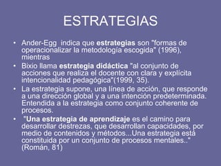 ESTRATEGIAS
• Ander-Egg indica que estrategias son "formas de
operacionalizar la metodología escogida" (1996),
mientras
• Bixio llama estrategia didáctica "al conjunto de
acciones que realiza el docente con clara y explícita
intencionalidad pedagógica"(1999, 35).
• La estrategia supone, una línea de acción, que responde
a una dirección global y a una intención predeterminada.
Entendida a la estrategia como conjunto coherente de
procesos.
• "Una estrategia de aprendizaje es el camino para
desarrollar destrezas, que desarrollan capacidades, por
medio de contenidos y métodos...Una estrategia está
constituida por un conjunto de procesos mentales.."
(Román, 81)
 