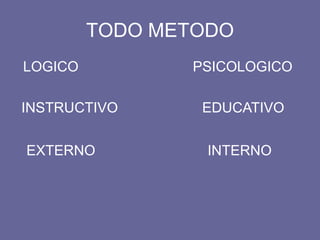 TODO METODO
LOGICO PSICOLOGICO
INSTRUCTIVO EDUCATIVO
EXTERNO INTERNO
 