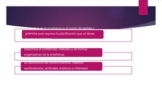 El objetivo en la enseñanza es el punto de partida y
premisa pues expresa la planificación que se desea
lograr en el alumno.
Determina el contenido, métodos y las formas
organizativas de la enseñanza.
su estructura de conocimientos ,hábitos
sentimientos, actitudes motivos e intereses
 
