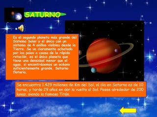 SATURNO Es el segundo planeta más grande del Sistema Solar y el único con un sistema de 4 anillos visibles desde la Tierra. Se ve claramente achatado por los polos a causa de la rápida rotación, es el único planeta que tiene una densidad menor que el agua, si encontrásemos un océano suficientemente grande, Saturno flotaría. Se encuentra 1.429 millones de Km del Sol, el dia en Saturno es de 10  horas, y tarda 29 años en dar la vuelta al Sol. Posee alrededor de 200  lunas, siendo la  famosa Titán. 