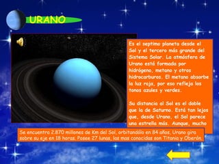 URANO Es el septimo planeta desde el Sol y el tercero más grande del Sistema Solar. La atmósfera de Urano está formada por hidrógeno, metano y otros hidrocarburos. El metano absorbe la luz roja, por eso refleja los  tonos azules y verdes.  Su distancia al Sol es el doble  que la de Saturno. Está tan lejos que, desde Urano, el Sol parece una estrella más. Aunque, mucho más brillante que las otras  Se encuentra  2.870 millones de Km del Sol, orbitandólo en 84 años, Urano gira  sobre su eje en 18 horas. Posee 27 lunas, las mas conocidas son Titania y Oberón. 