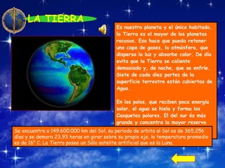 LA TIERRA Es nuestro planeta y el único habitado,  la Tierra es el mayor de los planetas  rocosos. Eso hace que pueda retener  una capa de gases, la atmósfera, que  dispersa la luz y absorbe calor. De día  evita que la Tierra se caliente demasiado y, de noche, que se enfríe. Siete de cada diez partes de la  superficie terrestre están cubiertas de  Agua. En los polos, que reciben poca energía  solar, el agua se hiela y forma los  Casquetes polares. El del sur és más  grande y concentra la mayor reserva  de agua dulce. Se encuentra a  149.600.000 km del Sol,  su periodo de orbita al Sol es de 365,256  días y se demora 23,93 horas en girar sobre su propio eje, la temperatura promedio  es de 16° C. La Tierra posee un Sólo satelite artificial que es la Luna.  