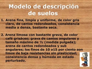 MMooddeelloo ddee ddeessccrriippcciióónn 
ddee ssuueellooss 
1. Arena fina, limpia y uniforme, de color gris 
claro, de cantos redondeados, consistencia 
media a densa, bastante seca. 
2. Arena limosa con bastante grava, de color 
café grisáceo; grava de cantos angulares y 
tamaño máximo de ½ (medida pulgada); 
arena de cantos redondeados y sub 
angulares; los finos de 10 a15 por ciento son 
limos de baja resistencias sin plasticidad; 
consistencia densa y húmeda en estado 
perturbado. 
 