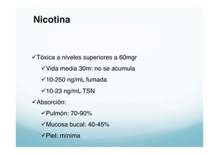 Nicotina!


 Tóxica a niveles superiores a 60mgr"
    Vida media 30m: no se acumula"
    10-250 ng/mL fumada"
    10-23 ng/mL TSN"
 Absorción:"
    Pulmón: 70-90%"
    Mucosa bucal: 40-45%"
    Piel: mínima"
 