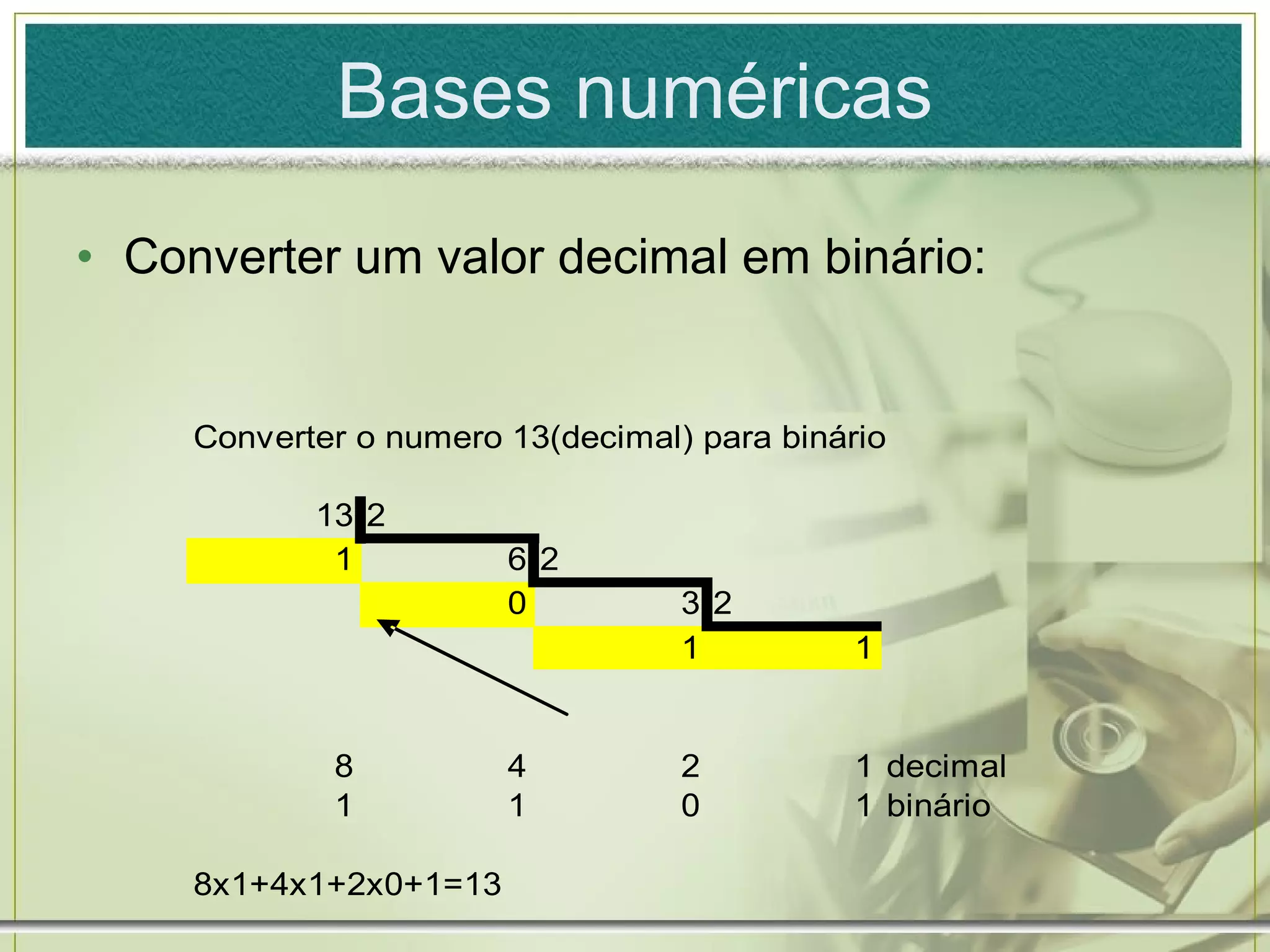Bases numéricas Converter um valor decimal em binário: 