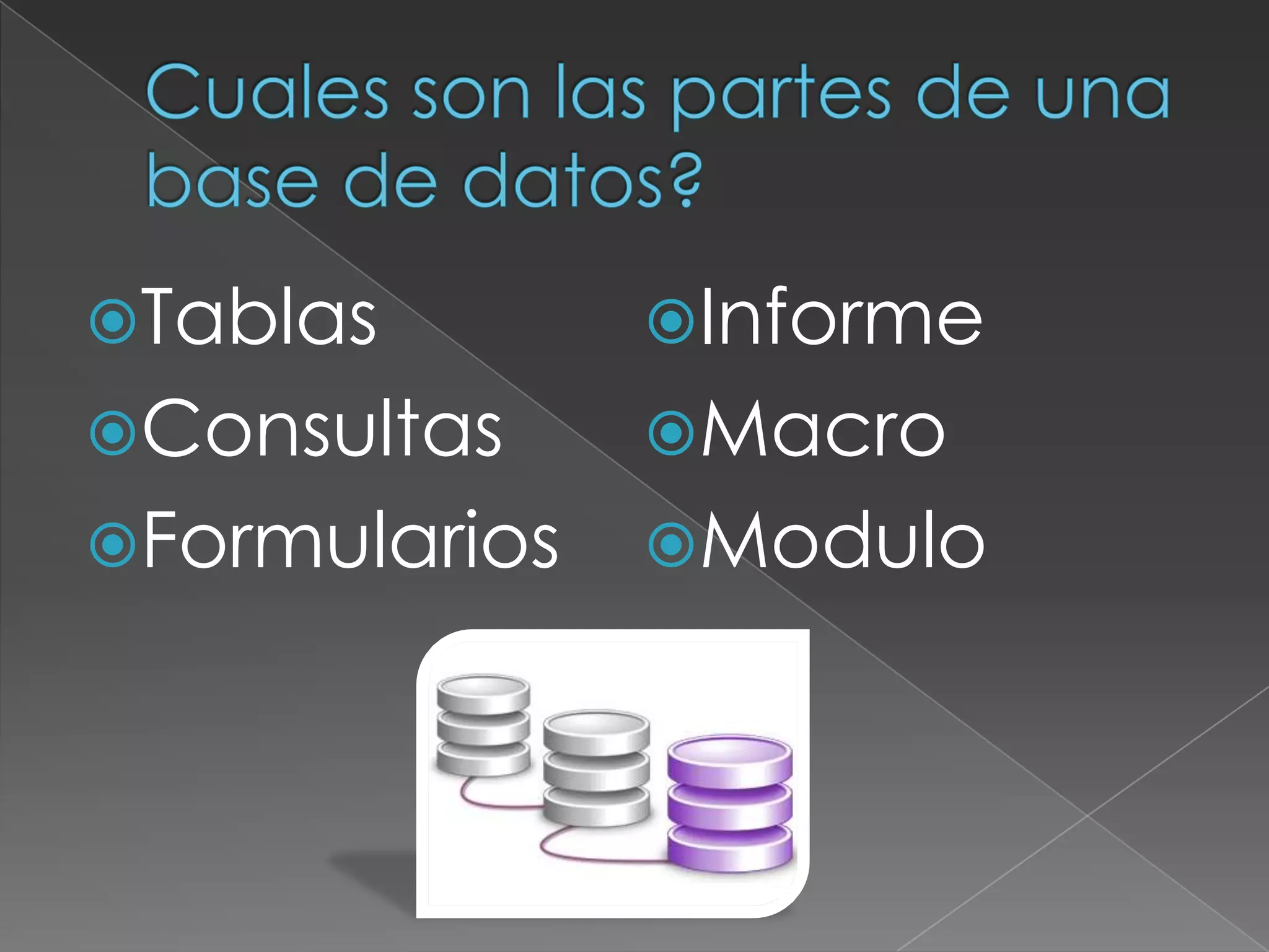 Tablas        Informe
Consultas     Macro
Formularios   Modulo
 